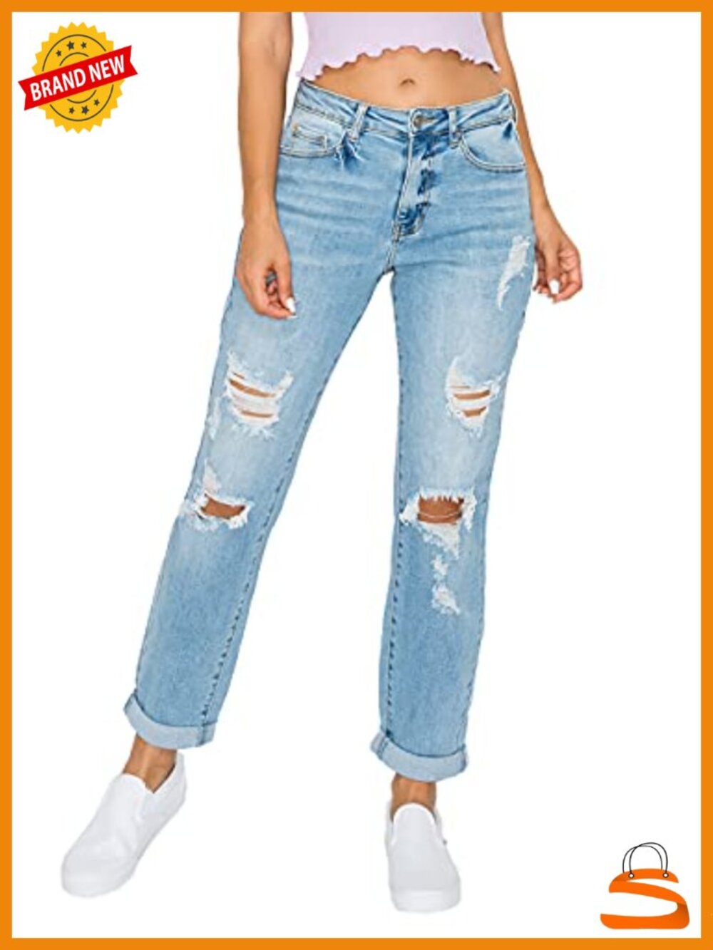 Relaxed Fit Boyfriend Jeans with Distressed Knee and Rolled Cuff
